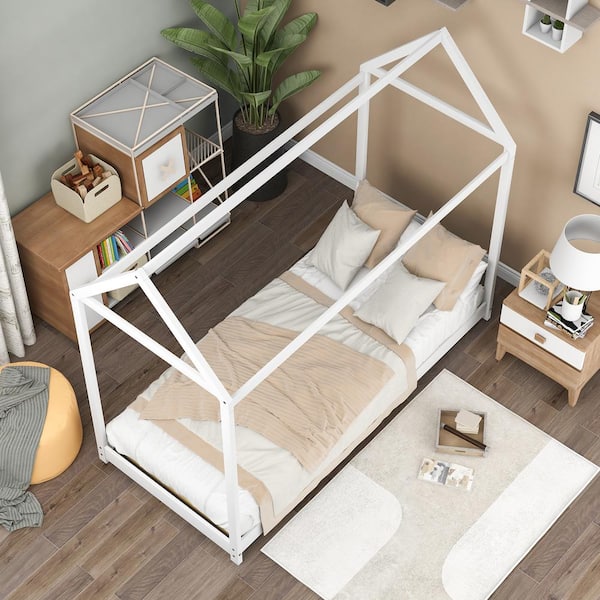 White Wood Frame Twin House Bed Frame