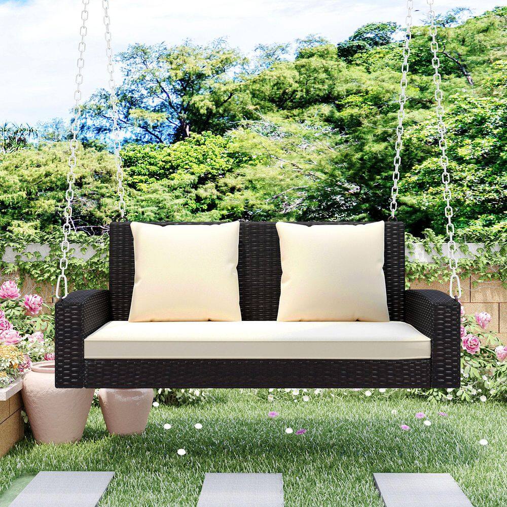2-Person Wicker Hanging Porch Patio Swing with Chains, 500 lbs. Weight Capa