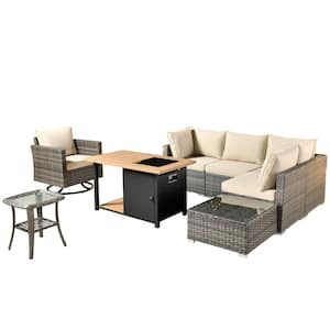 Sanibel Gray 8-Piece Wicker Patio Conversation Sofa Set with a Swivel Chair, a Storage Fire Pit and Beige Cushions