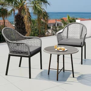 Grey Rope Woven Design Outdoor Dining Chair with Grey Cushions(2-Pack)