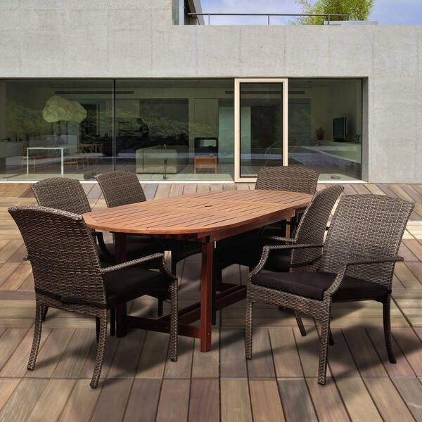 Amazonia Dale 7-Piece Eucalyptus Extendable Oval Patio Dining Set with Grey Cushions