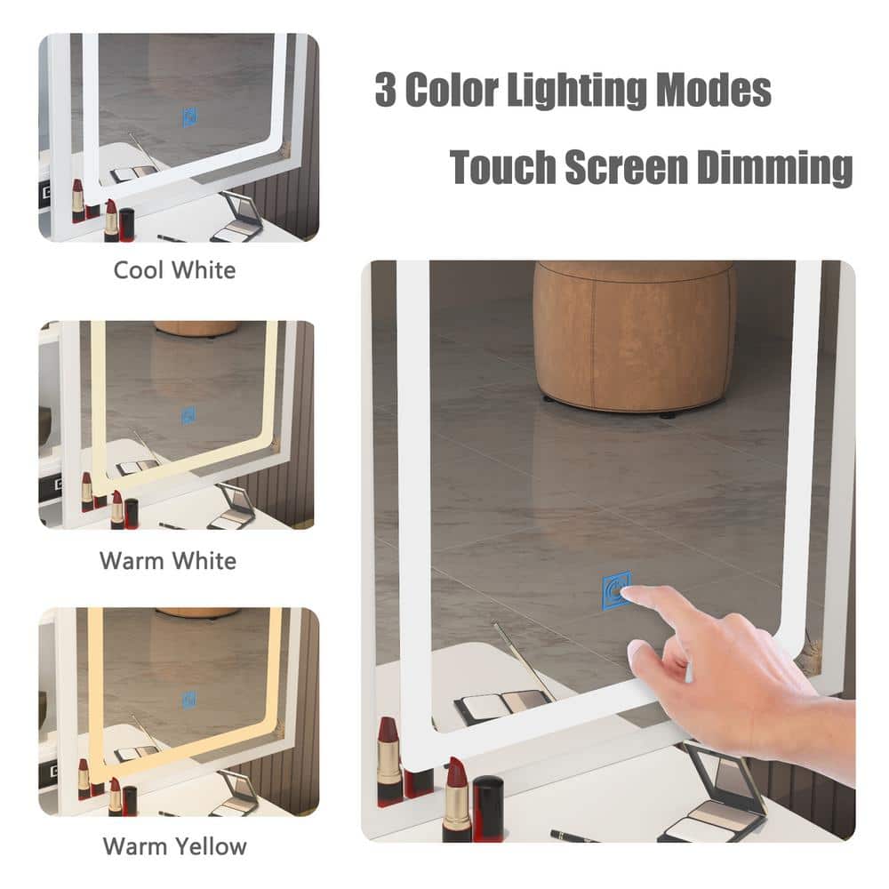 4-Drawers White Wood Makeup Vanity Sets Dressing Table Sets with Stool, Mirror, LED Light, Door and Storage Shelves - thumbnail 8