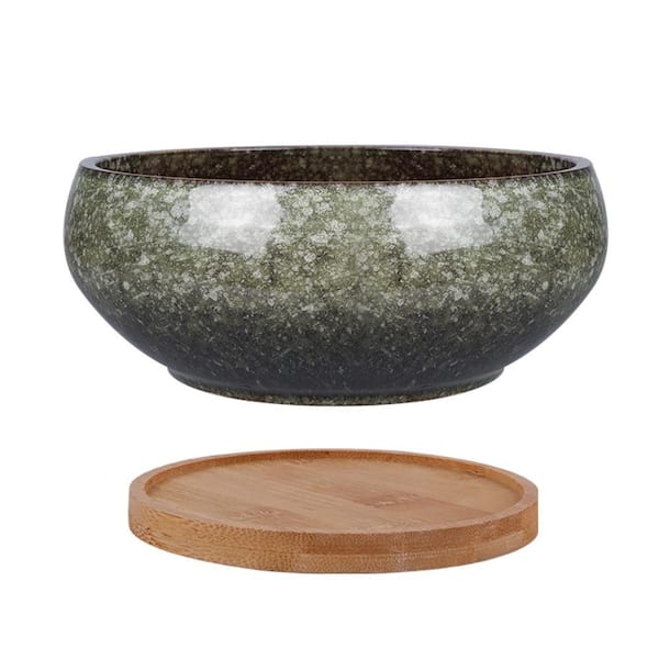 OGETFUUR Ceramic Bonsai Planter Pot, Glazed Shallow Succulent Planter with  Drainage Hole, Bamboo Saucer (8 in. W x 3.4 in. H) ZW1A-6B4