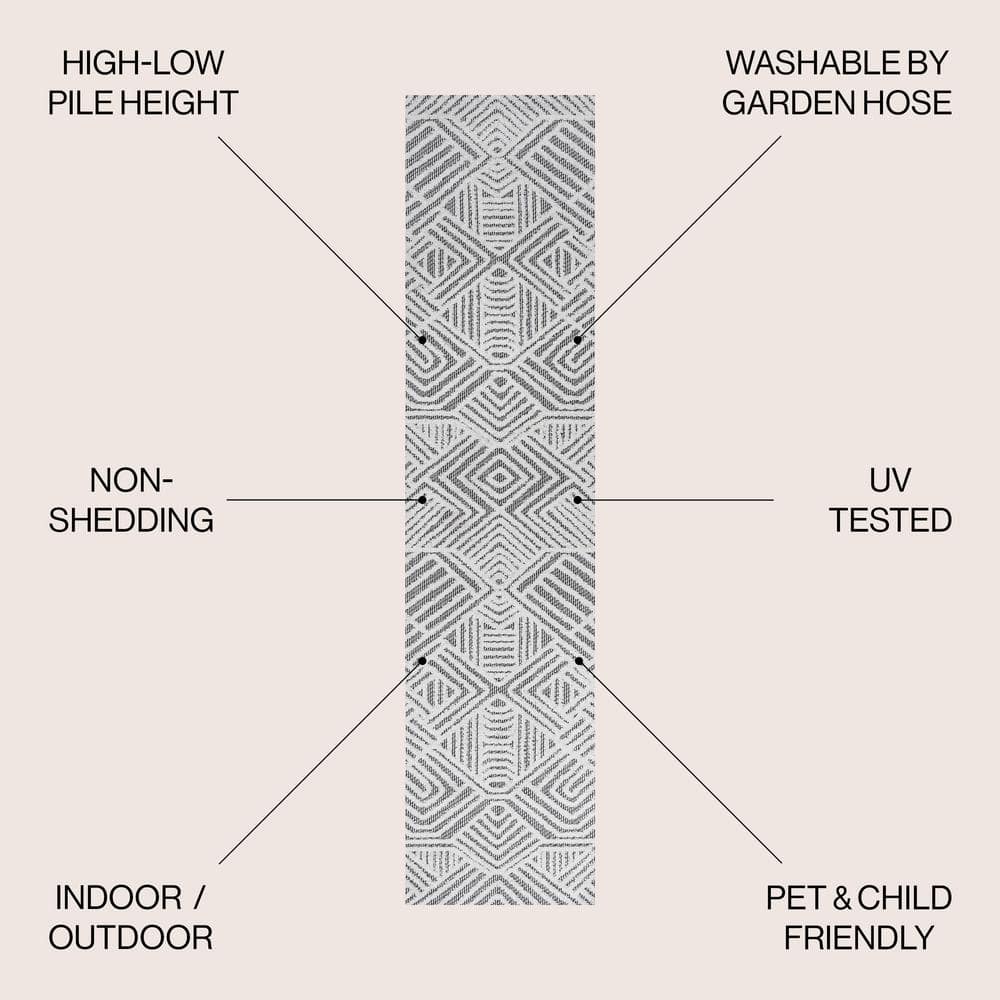 Ivory and Black Geometric High-Low Pile Runner Rug