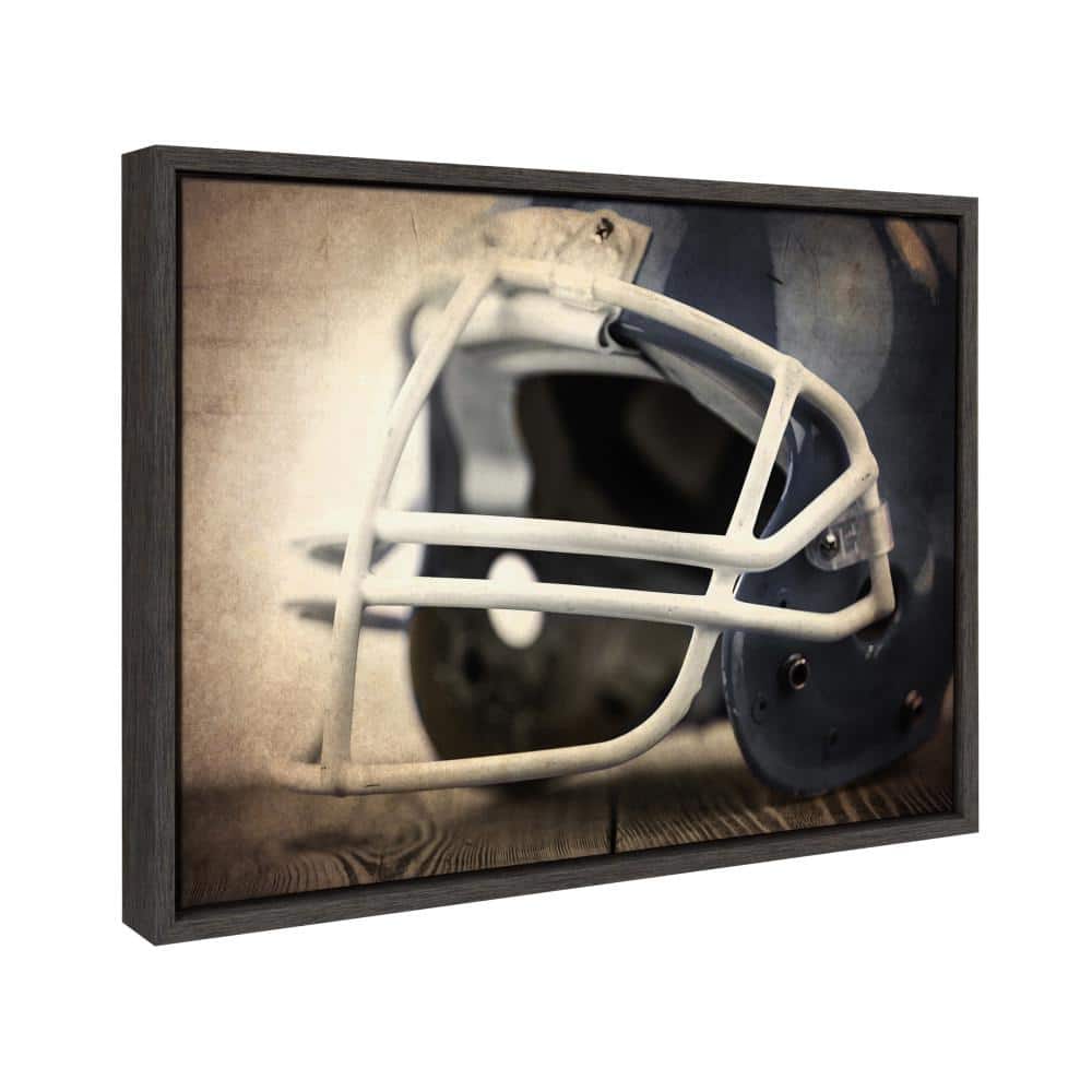 Vintage Football Helmet Framed Canvas Print in Gray Woodgrain Frame