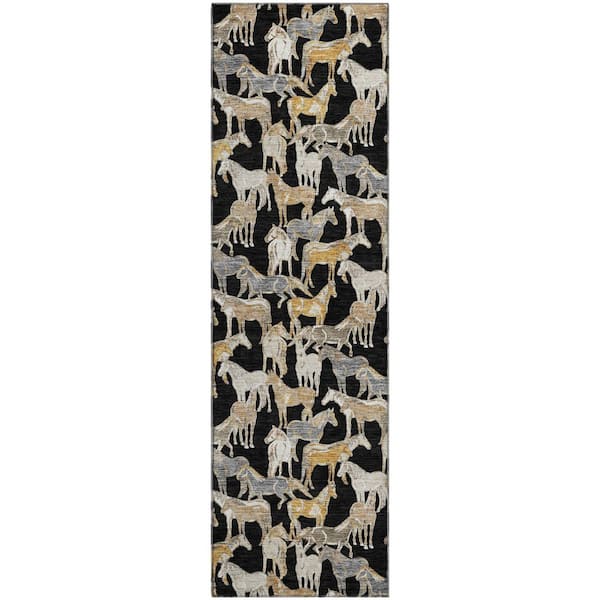 Mayfield Premium Machine Washable Abstract AMF2520 Black 2 ft. x 7 ft. Runner Rug