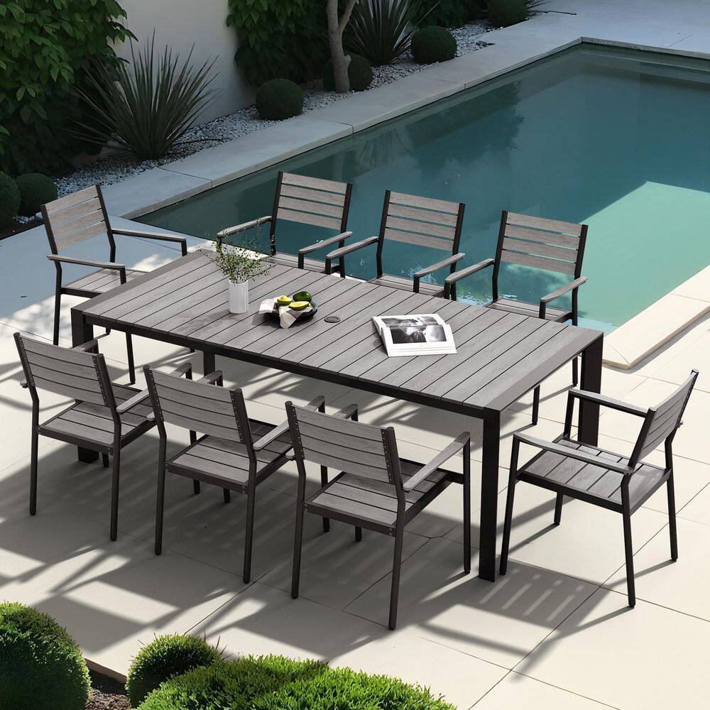 9-Piece 84 in. Aluminum Wood-Like Patio Outdoor Dining Set with Umbrella Hole and Stackable Arm Chair in Gray