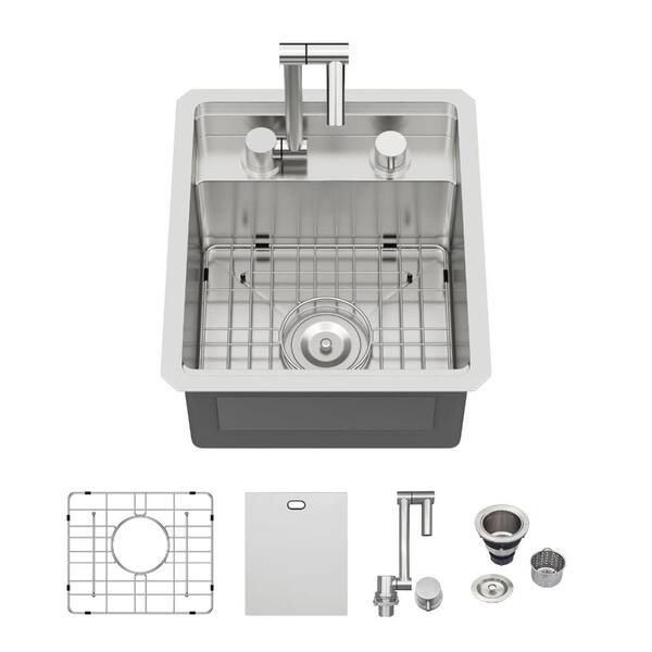 17 in. Undermount Single Bowl 16-Gauge Stainless Steel Outdoor and RV Sink with Foldable Faucet and Cover