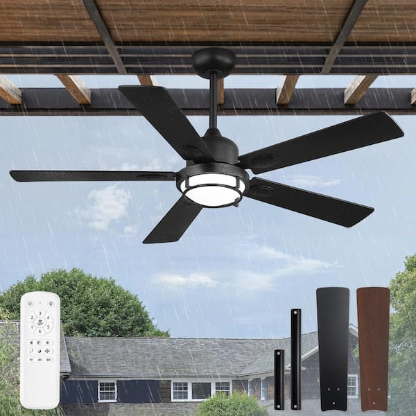 52in Black Outdoor Ceiling Fans with Lights IP65 Waterproof Remote/APP control Fandelier Downrod 3CCT for Patios Pergola