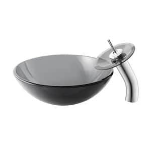 Cascade Black Round Glass Vessel Sink with Cascade Faucet