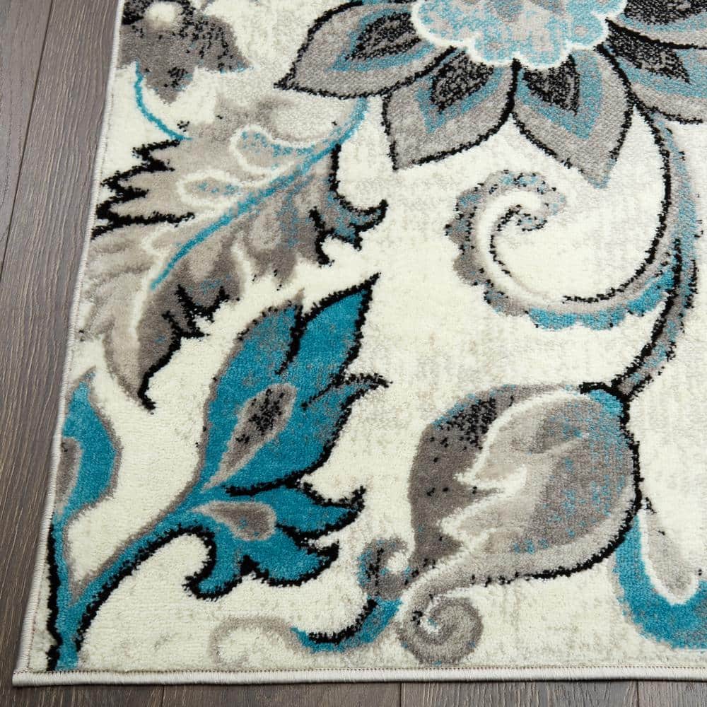 Boho Odesa Ivory/Aqua 8 ft. x 10 ft. Floral Area Rug - thumbnail 3