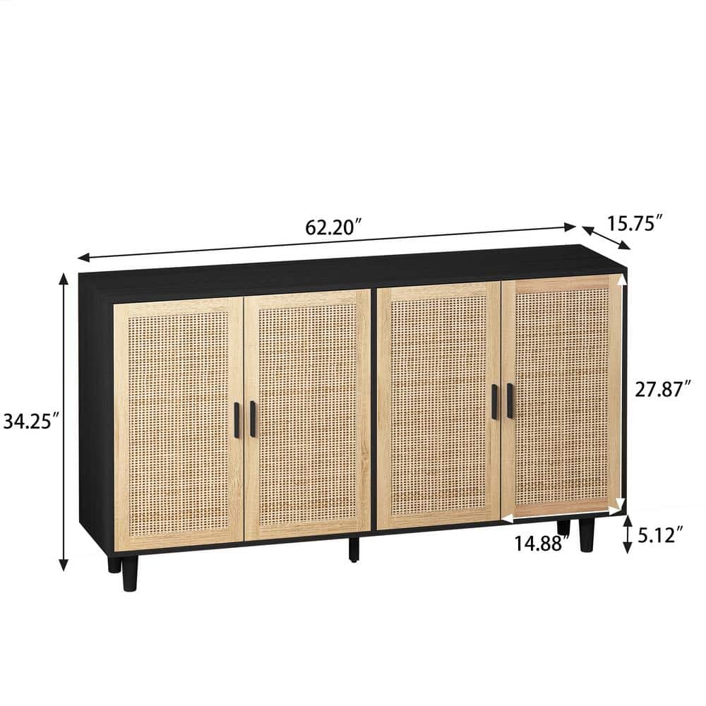 Black Particle Board and Rattan 4-Door Storage Cabinet with Adjustable Shelving