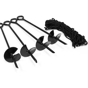King Canopy 4-Piece Ground Anchor Kit,15-inch Steel Powder Coated, Auger Style w/40 feet of Rope, Black, A4100