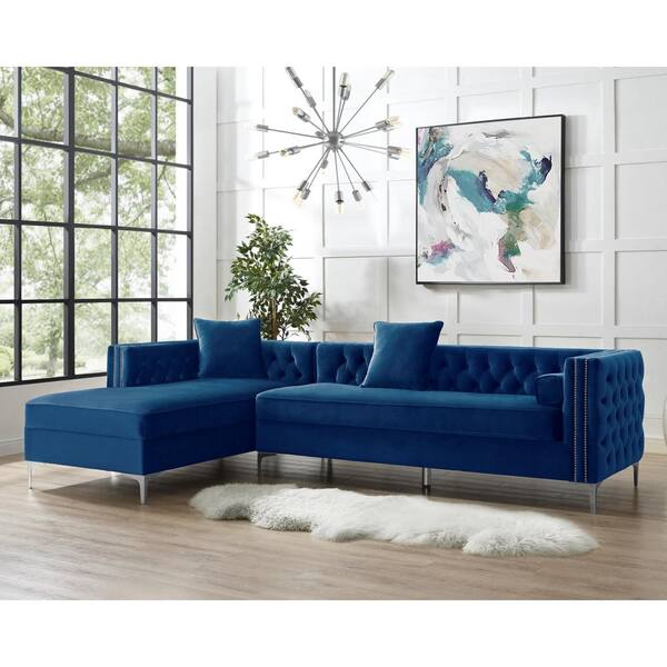 Inspired Home Olivia Navy Silver Velvet, Nailhead Sectional Sofa Blue
