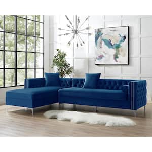 Olivia Navy/Silver Velvet 4-Seater L-Shaped Left-Facing Sectional Sofa with Nailheads