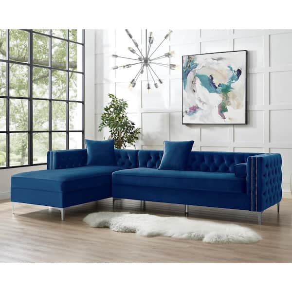 Inspired Home Olivia Navy/Silver Velvet 4-Seater L-Shaped Left-Facing Sectional Sofa with Nailheads