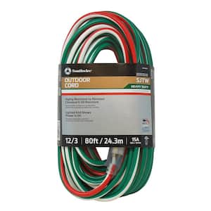 80 ft. 12/3 SJTW Outdoor Heavy-Duty Extension Cord with Power Light Plug, Red/White/Green