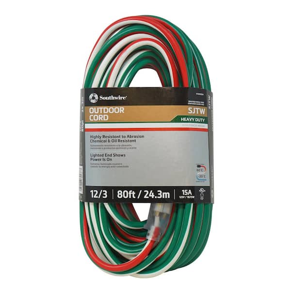 80 ft. 12/3 SJTW Outdoor Heavy-Duty Extension Cord with Power Light Plug, Red/White/Green