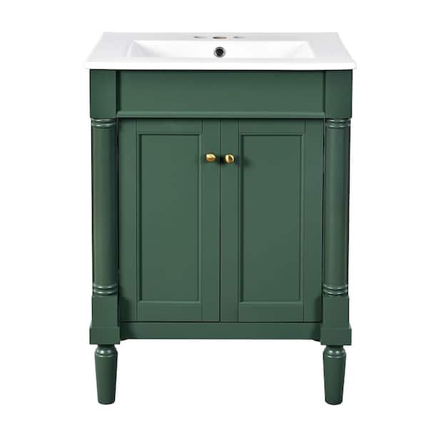 24 in. W Single Sink Freestanding Green Bath Vanity with White Ceramic Top and Storage Shelves, Unassembled
