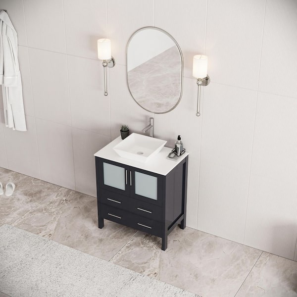 Torino 30 in. Bath Vanity in Espresso with Glass Stone Vanity Top in White with White Basin