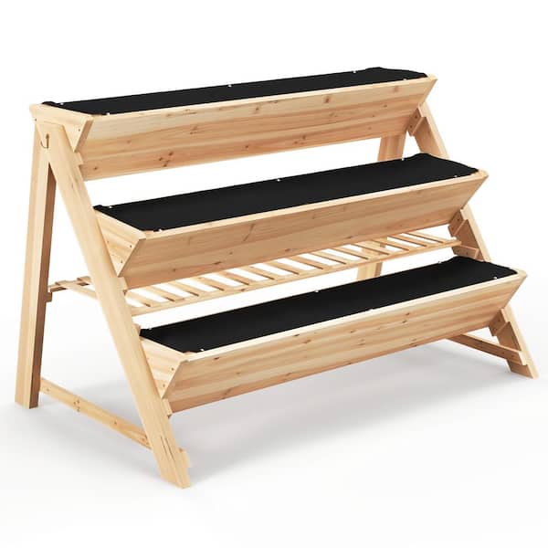 ANGELES HOME 46 in. x 30 in. x 32 in. Brown Wood 3-Tier Garden Bed with Storage Shelf, 2 Hanging Hooks and 3 Bed Liners