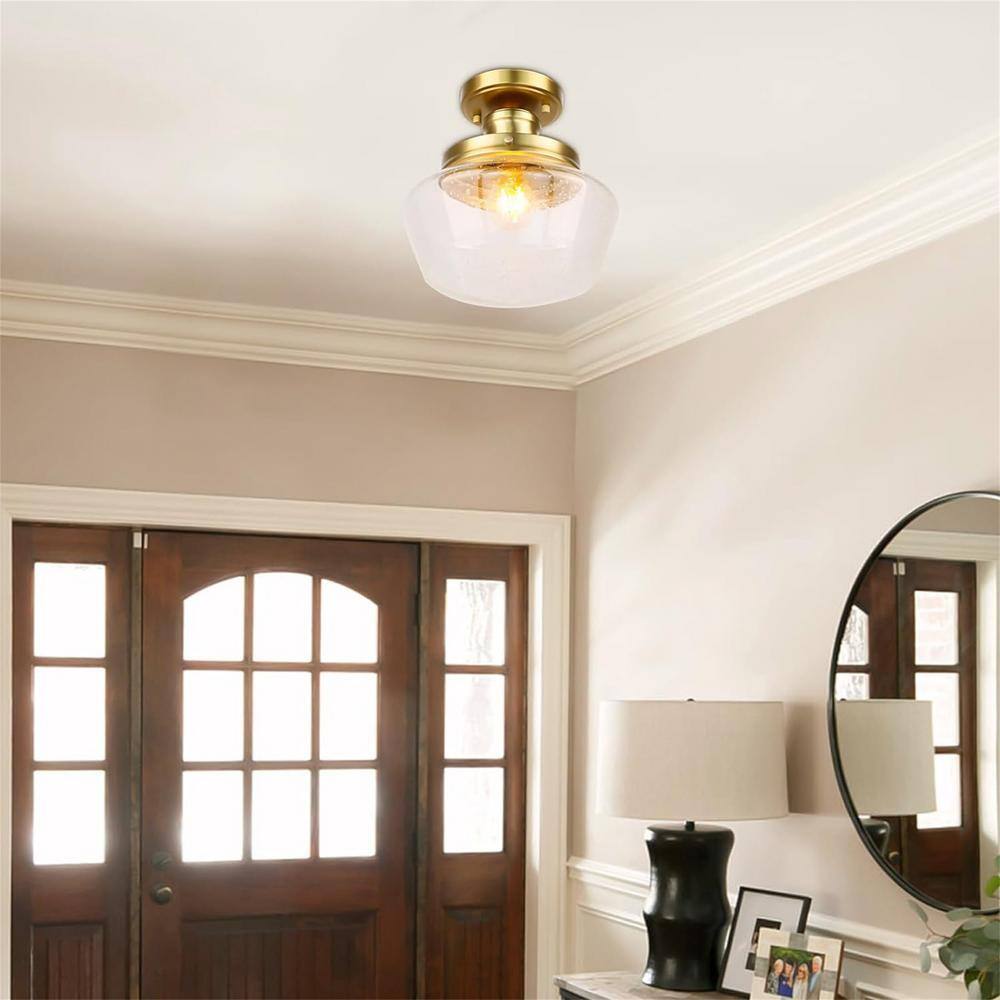 10" Gold Semi-Flush Mount Ceiling Light with Seeded Glass Shade