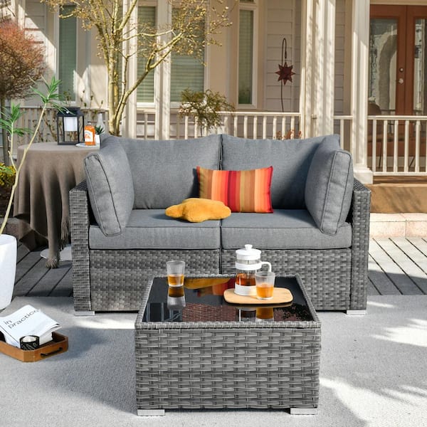 Daffodil U Gray 3-Piece Wicker Patio Conversation Sofa Set with Dark Gray Cushions