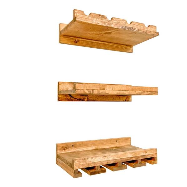 Intrinsic Haven Rustic Luxe 4-Bottle Light Brown Pine Wood Three Piece Set Wall Mounted Wine Rack