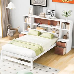White and Brown Wood Frame Twin Size Platform Bed with Hidden Storage Headboard, Shelves and Built-in Nightstand