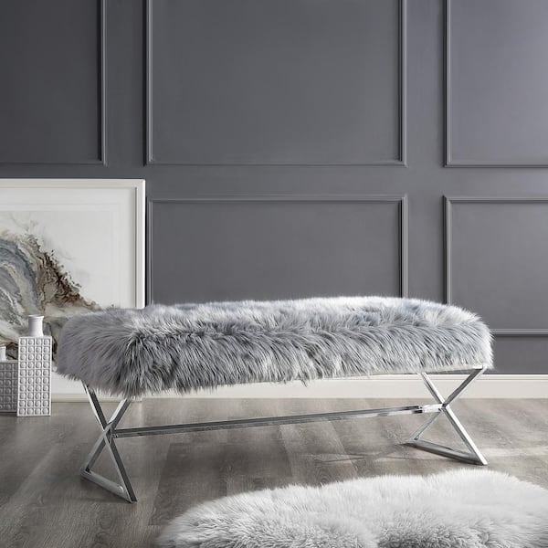 Inspired Home Elora Grey/Chrome Faux Fur Bench 18 in. x 18 in. x 48 in.