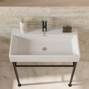 35 in. Ceramic White Console Sink Basin and Black Legs Combo with Overflow