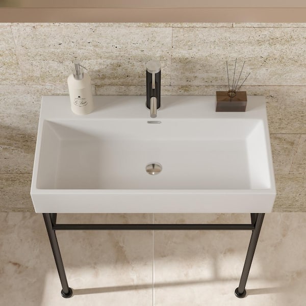 Unbranded 35 in. Ceramic White Console Sink Basin and Black Legs Combo with Overflow