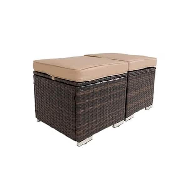 Brown Wicker Outdoor Patio Ottoman with Light Brown Cushion (2-Pack)