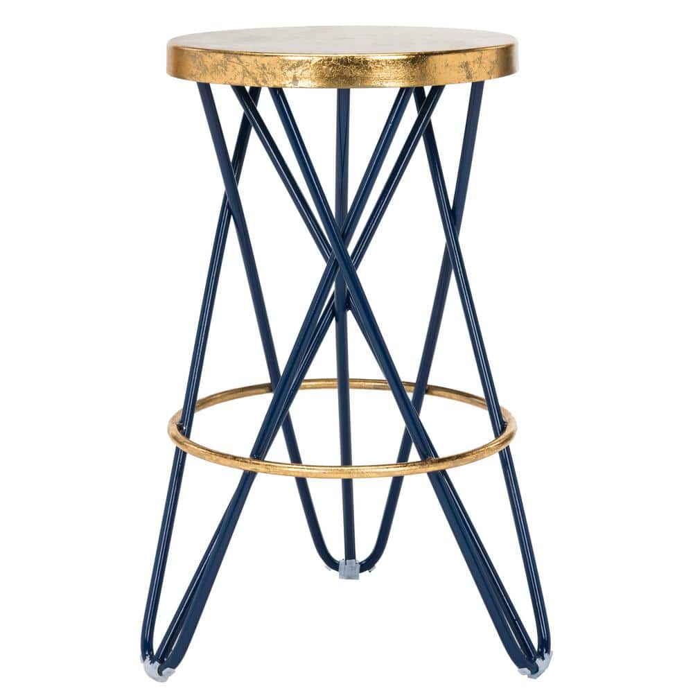 Beige and Blue Wood Metal Backless Counter Stool