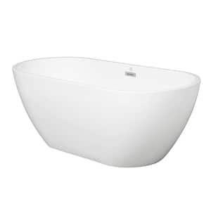 59 in. L Oval Acrylic Alcove Flatbottom Freestanding Soaking Bathtub w/Self-Leveling Legs&Flexible Drain Hose, in White