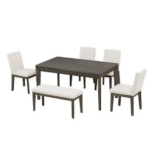 Farmhouse Style 6-Piece Dark Gray and Beige Rectangle Wood Dining Set with Upholstered Dining Chairs and Bench