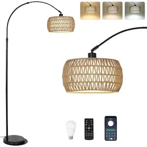 63 in. Black Boho Dimmable 1-Light Arc Floor Lamp with Rattan and Fabric Drum Shade, Remote, APP, Foot Switch