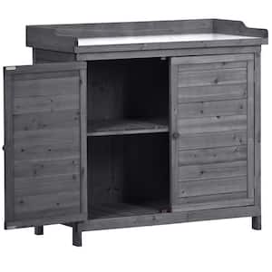 118 Gal. Rustic Garden Wood Workstation Storage Gray Cabinet Deck Box with 2-Tier Shelves