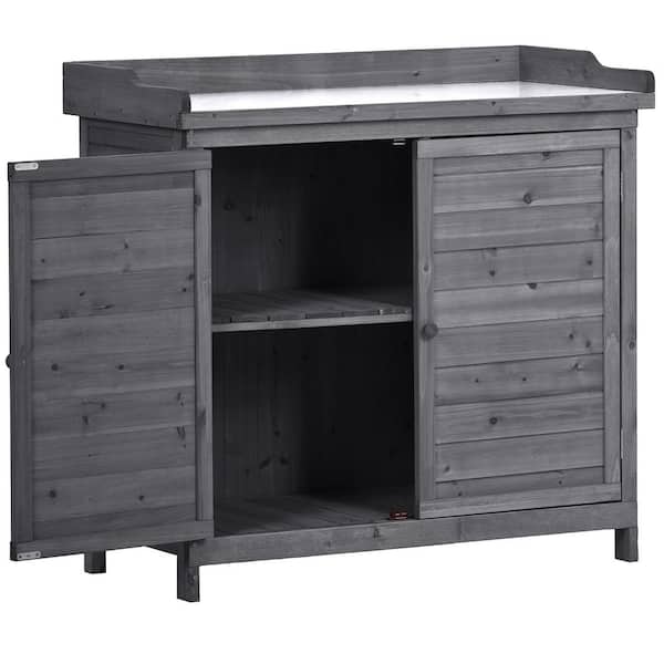 DIRECT WICKER 118 Gal. Rustic Garden Wood Workstation Storage Gray Cabinet Deck Box with 2-Tier Shelves