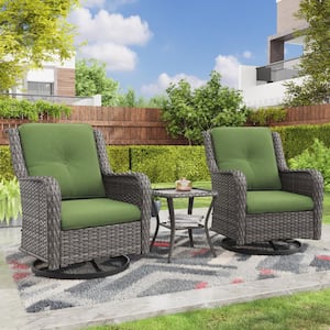 3-Piece Wicker Swivel Outdoor Rocking Chairs Patio Conversation Set with Green Cushions