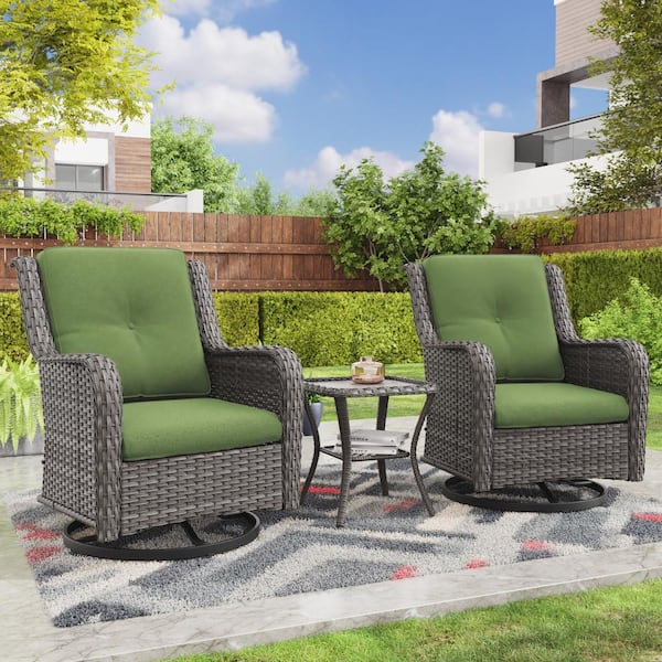 JOYSIDE 3-Piece Wicker Swivel Outdoor Rocking Chairs Patio Conversation Set with Green Cushions
