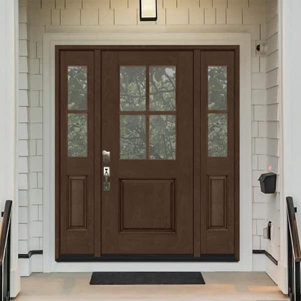 Regency 64 in. x 80 in. 1/2-4Lite Clear Glass RH Hickory Stain Mahogany Fiberglass Prehung Front Door w/Dbl 12in.SL