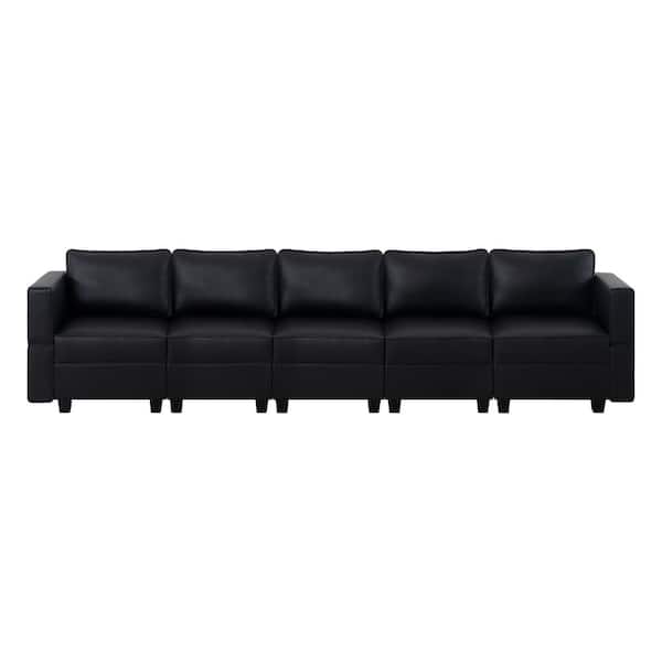 HOMESTOCK 138.19 in. W Faux Leather 5-Seater Living Room Modular Sectional Sofa for Streamlined Comfort in Black