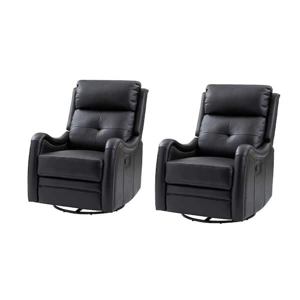 JAYDEN CREATION Gema Black Genuine Leather Swivel Rocker Recliner with Nailhead Trims for Living Room (Set of 2)