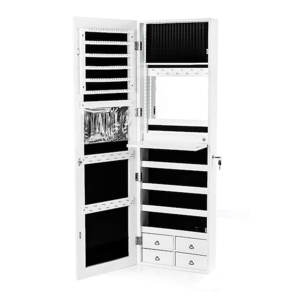 Gymax White Mirror Jewelry Cabinet 96 LED Lights Wall Door Mounted Armoire with Makeup Rack 47 in. H x 14.5 in. W x 5 D in.