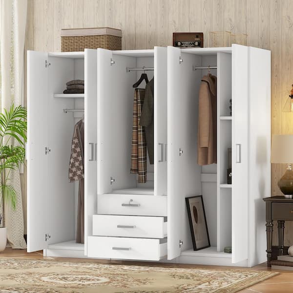 Harper & Bright Designs White Wood 70.9 in. 6-Door Wardrobe Armoire with 3-Drawers, 5-Storage Shelves and 3-Hanging Rails