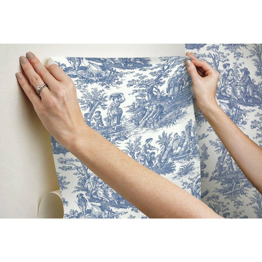 Blue and White Vinyl Peel & Stick Toile Wallpaper Roll