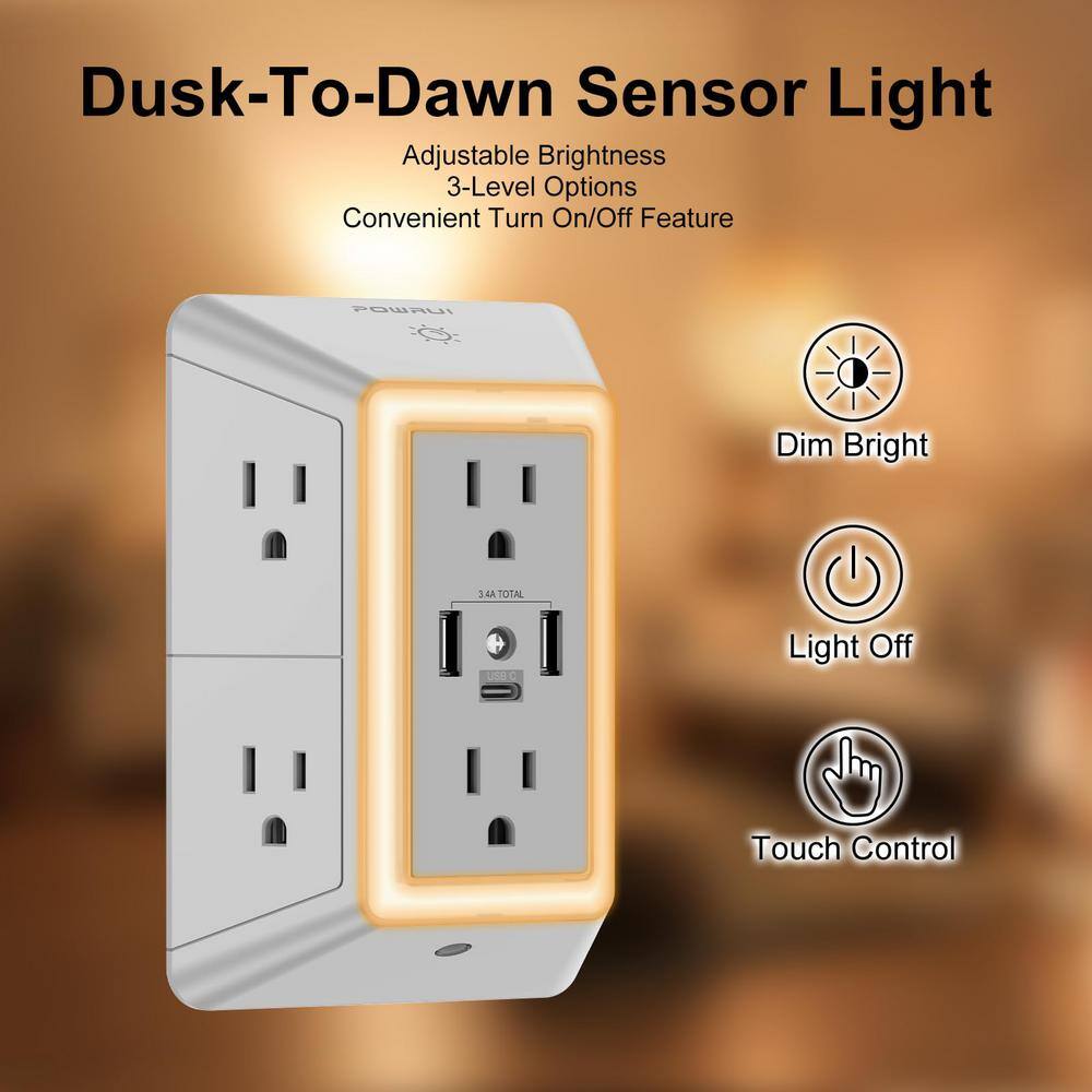 Grey 6-Outlet Surge Protector with USB Ports and Night Light