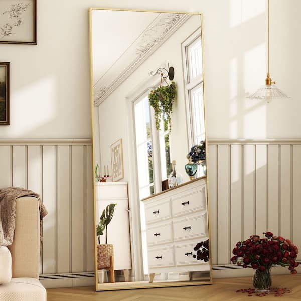 XRAMFY 21 in. W x 63 in. H Modern Rectangular Aluminum Framed Gold Full Length Floor Mirror
