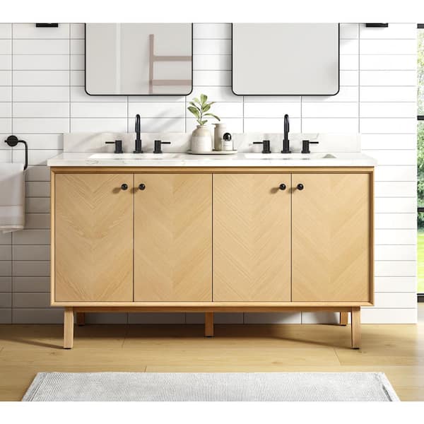 Adele 61 in. Double Sink Natural Oak Bath Vanity with Calacatta White Quartz Top